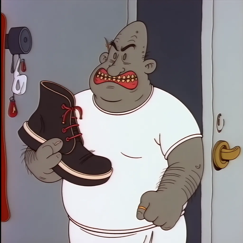Lupo The Butcher, 80s cartoon screencap, White room, he has angry eyebrows, he is also holding a shoe in both hands