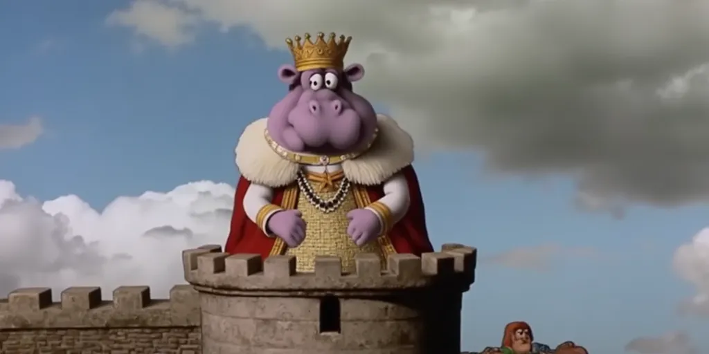 pythonstyle hippo wearing a king’s costume on a castle turret