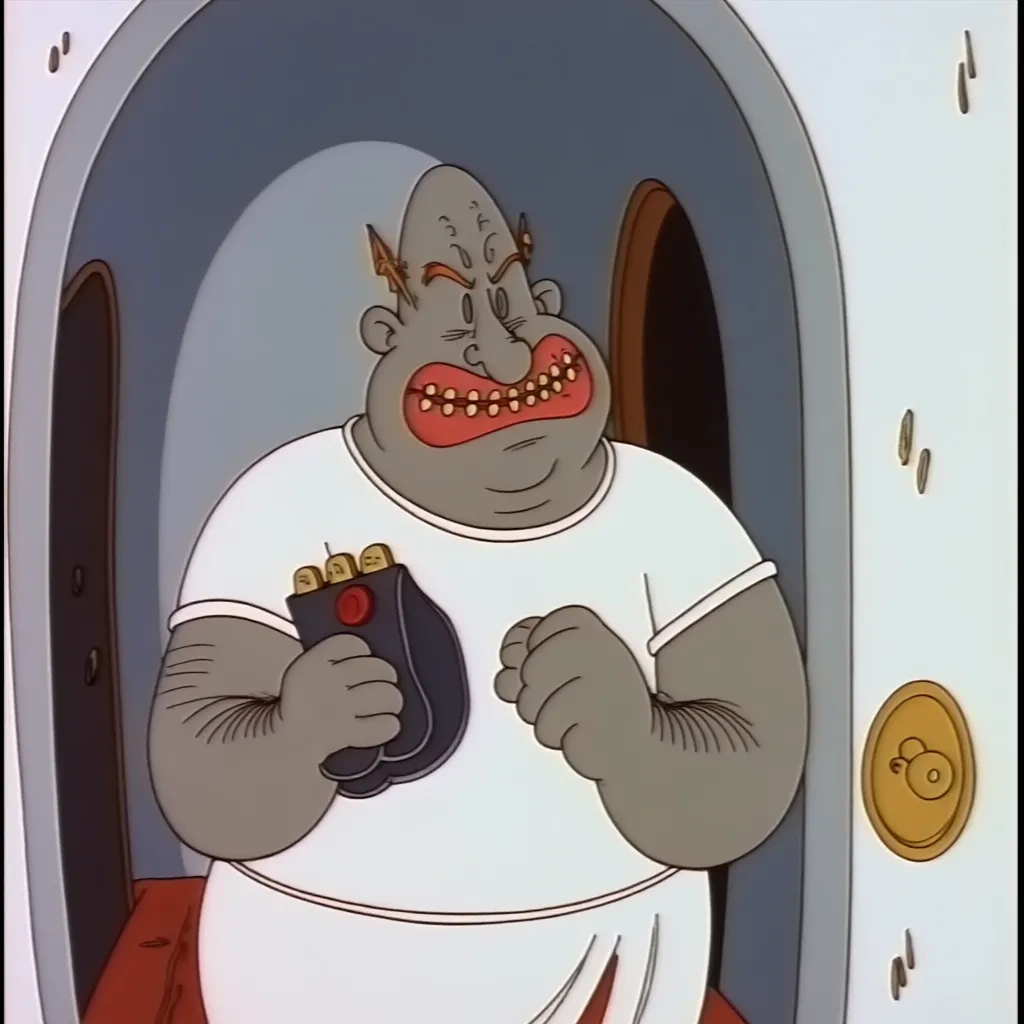 Lupo The Butcher, 80s cartoon screencap, White room, he has angry eyebrows, he is also holding a shoe in both hands