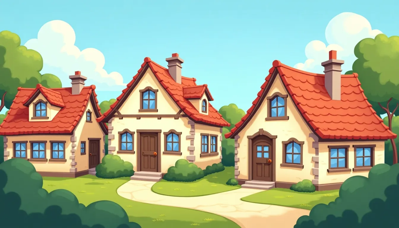 A cartoon painting of a few houses