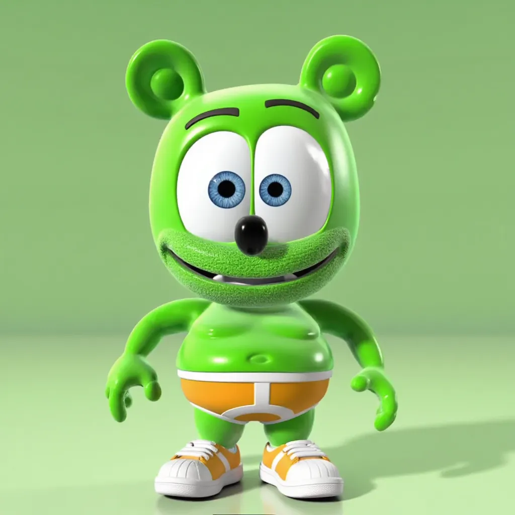 Green Gummibar with his white eyes and his ears and his black nose and orange undies and white sneakers