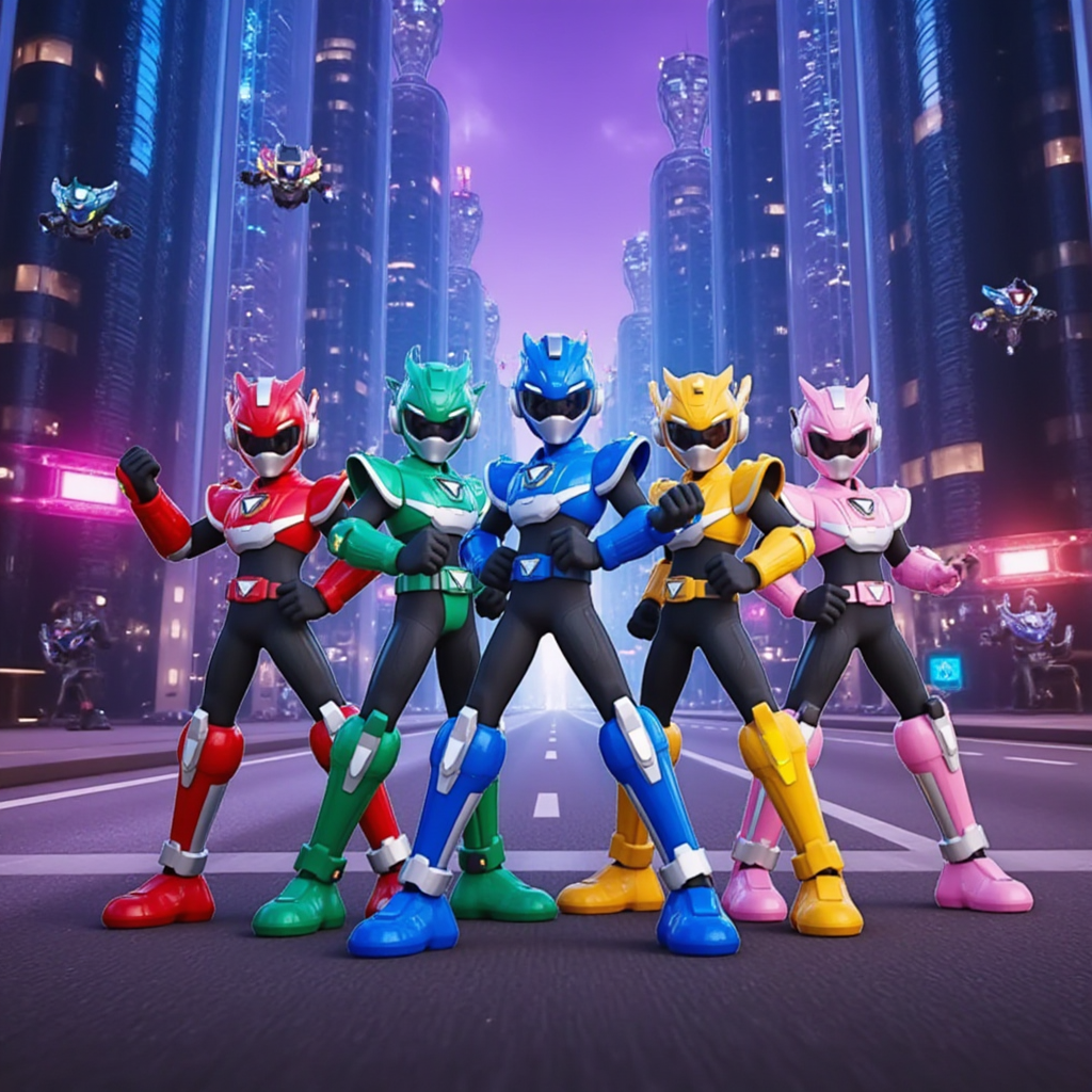 In a bustling futuristic skyline of a 2030 city, five Power Rangers stand heroically against a backdrop of towering, neon-lit skyscrapers and flying vehicles. The three male rangers, clad in vibrant armor—one in striking crimson red with sleek, aerodynamic contours, another in bold royal blue with metallic accents, and the last in a vivid lime green showcasing unique textured patterns—exude confidence and strength. The two female rangers sport radiant outfits, one in bright yellow with luminescent shields and the other in a shimmering pink adorned with intricate designs, highlighting their agility and resilience. 

The atmosphere is charged with excitement and energy, as vibrant city lights bathe the scene in a kaleidoscope of colors—blues, greens, yellows, and pinks reflecting off their shiny helmets and suits. Dynamic energy pulses throughout the background, with a purple-tinged sky hinting at the transition from day to night. The scene captures an exhilarating sense of camaraderie and determination, rendered in a stylized, comic book-inspired aesthetic that enhances the characters' heroic poses and the city's futuristic elements.