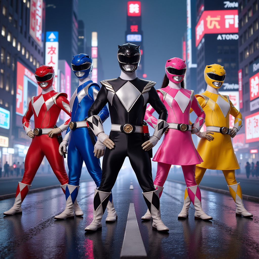 A dynamic scene featuring five Power Rangers in a futuristic cityscape set in the year 2026. The three male Rangers represent the colors red, black, and blue, each clad in sleek, high-tech suits adorned with vibrant details and their iconic helmets reflecting a polished, metallic finish. The two female Rangers are in striking yellow and pink outfits, showcasing modern designs with flowing skirts that ripple with movement, exuding both strength and agility. The backdrop reveals a bustling urban environment, illuminated by neon lights and towering skyscrapers, creating a sense of energy and excitement. The atmosphere is intense and heroic, capturing a moment of teamwork as they pose ready for action, enhancing the suspense and thrill of heroic adventure. The lighting is bold, with contrasting shadows and bright hues, creating a high-drama effect reminiscent of a stylized comic book illustration.