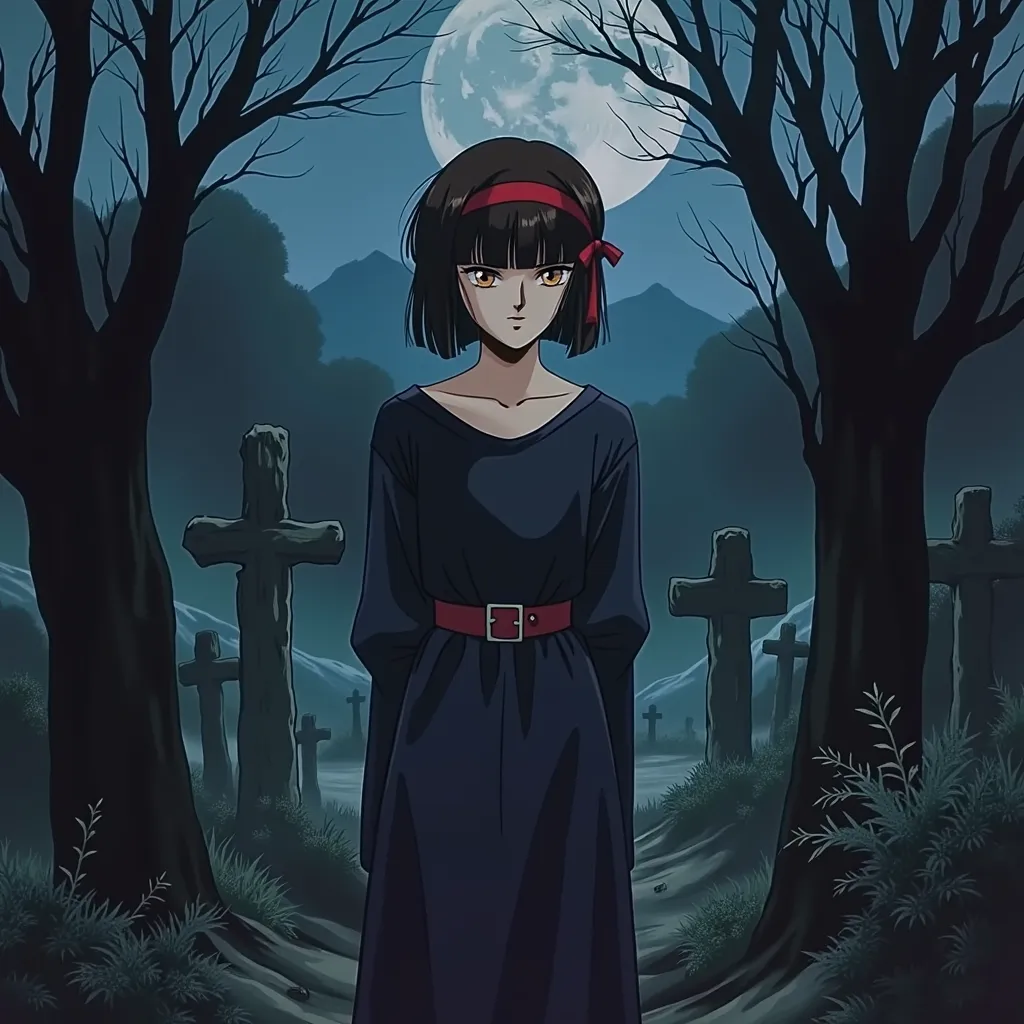 Miyu standing in a graveyard 80s  dark fantasy live action horror movie