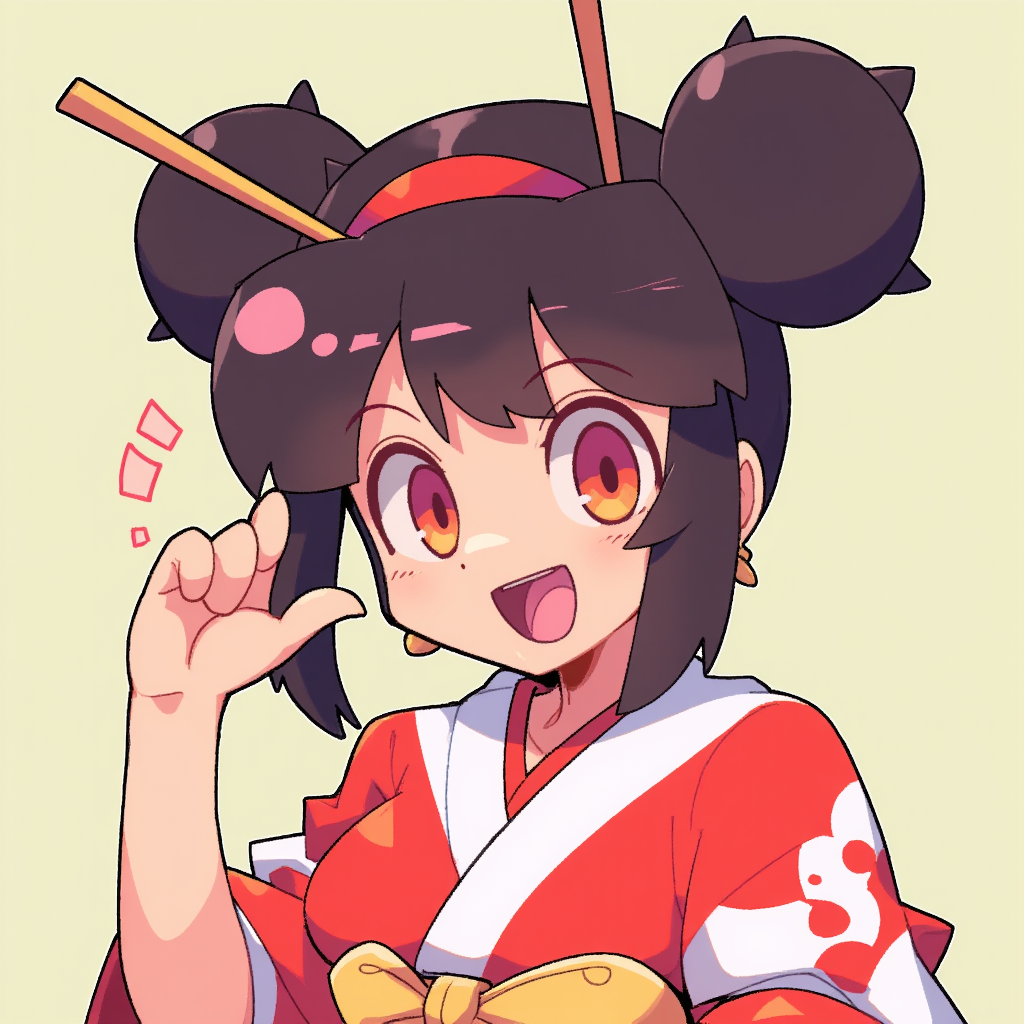 Create a Japanese girl with a traditional Japanese hairstyle with odango-style side buns,
Crossed chopsticks on her head,
Red headband Full body