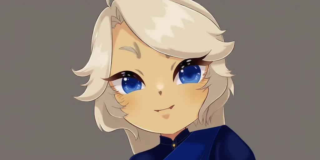 dark blue dress thai cloths on this charater Madeleine Cookie is a slightly taller-than-average Cookie with a sturdy physique. He has pale yellow dough, vista blue eyes, and white eyelashes and eyebrows that contrast with his skin tone. His platinum blond hair falls to his shins and is kept straight and neat through a rigorous hair routine
