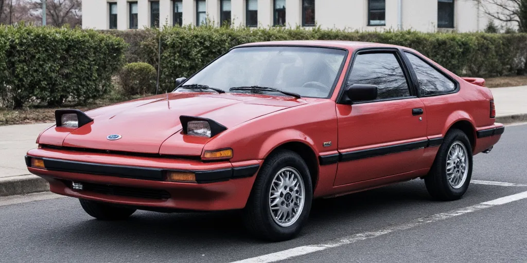 realistic, photorealistic, real-life, 1986 coupe with the Ford logo on the hood, Mazda inspired coupe