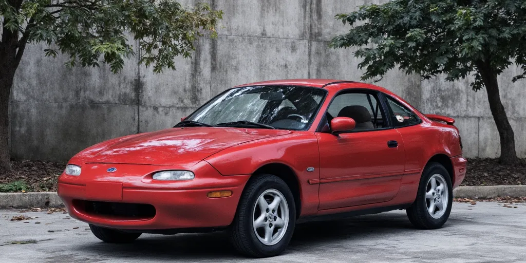 realistic, photorealistic, real-life, 1995 coupe with the Ford logo on the hood, Mazda inspired coupe