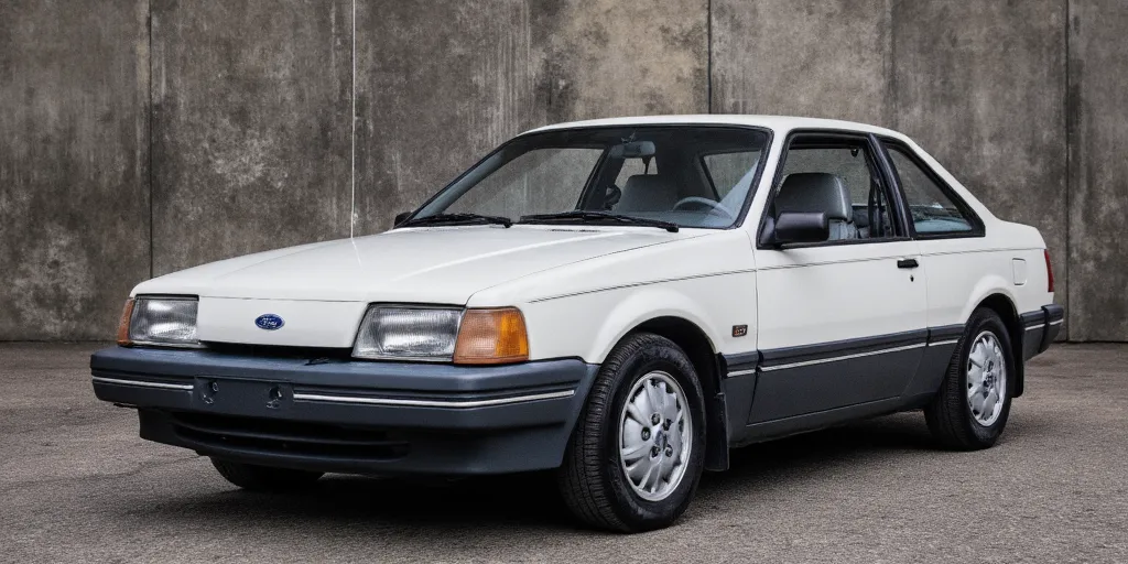 realistic, photorealistic, real-life, 1986 coupe with the Ford logo badge on the hood, Toyota inspired coupe