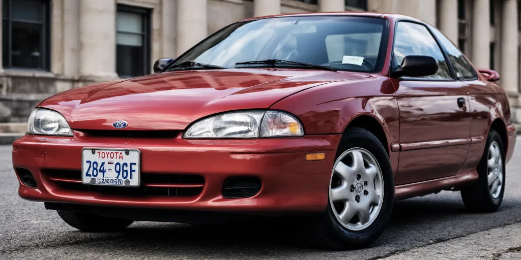realistic, photorealistic, real-life, 1995 coupe with the Ford logo badge on the hood, Toyota inspired coupe