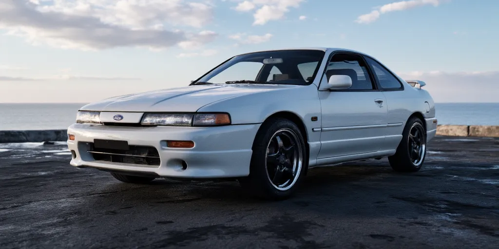 realistic, photorealistic, real-life, 1995 coupe with the Ford logo badge on the hood, Nissan inspired coupe