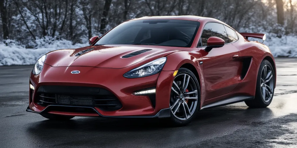 realistic, photorealistic, real-life, 2016 coupe with the Ford logo badge on the hood, Nissan inspired coupe
