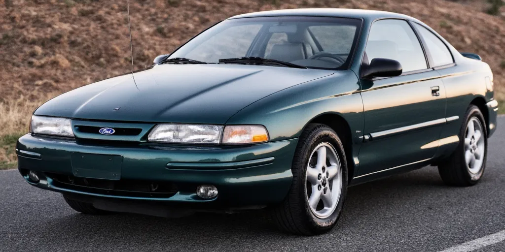 realistic, photorealistic, real-life, 1995 coupe with the Ford logo badge on the hood, Chevrolet inspired coupe