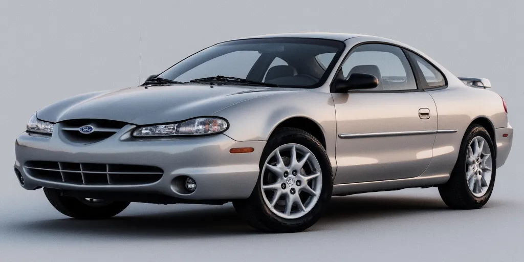 realistic, photorealistic, real-life, 2005 coupe with the Ford logo badge on the hood, Chevrolet inspired coupe