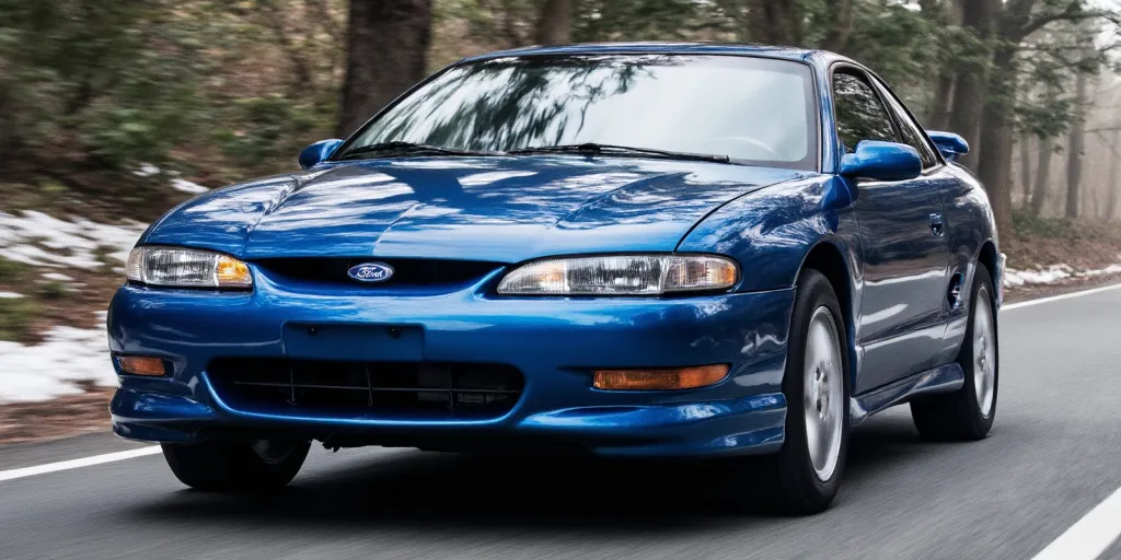 realistic, photorealistic, real-life, 1995 coupe with the Ford logo badge on the hood, Camero inspired coupe