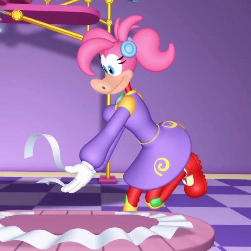 An animated character resembling a PinkyDinkyDoo, a character with pink hair in a ponytail and a blue scrunchie , a purple long sleeved dress with a swirl, red, yellow and green leggings, red shoes, working with a conveyor belt dispensing paper. The background is a purple room with checkered flooring. A yellow and pink apparatus is partially visible above.