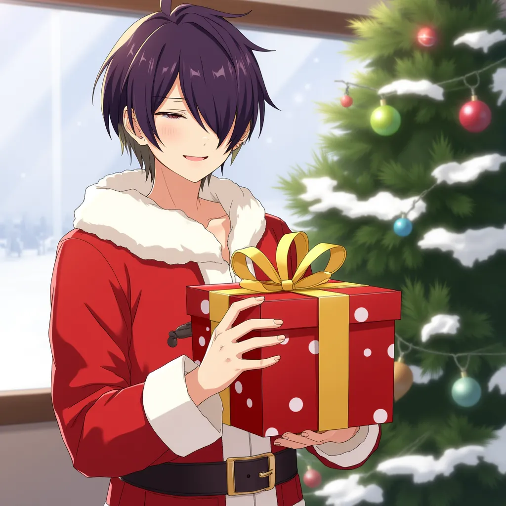 shinobu sengoku, holding christmas present, smiling, santa outfit, eyes closed, christmas tree in background, snowing outside window
