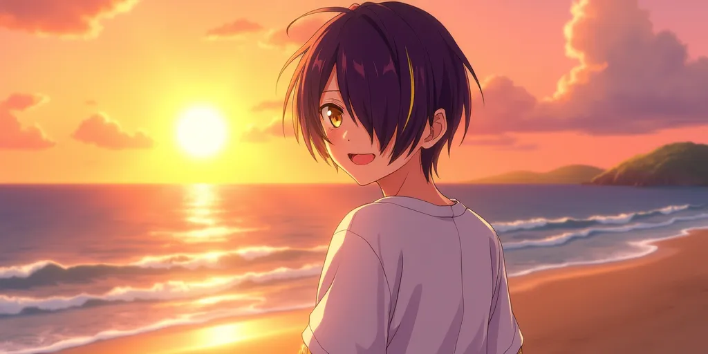 shinobu sengoku, standing on beach, sun setting, looking back at me, smiling, beautiful, landscape, 4k, high quality, detailed, dark purple hair, yellow streaks in hair, yellow eyes, cute pose, looking from behind, head turned towards me, hair covering left eye completely,