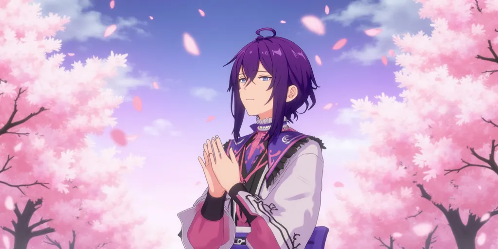 mayoikuromiscr, purple hair with anime bangs, hair visibly braided over left shoulder, cyan eyes, pointy teeth, 1boy, flat chest, femboy, male, pink purple white black outfit, ((surrounded by petals, flowing pose, holding hands to chest, looking up into the sky, dramatic, beautiful lighting, 4k, high quality, extremely detailed, gorgeous, cherry blossom trees, petals falling to ground, anime, wallpaper, background, 2d, anime, anime style, beautiful sky gradient pink blue purple,))