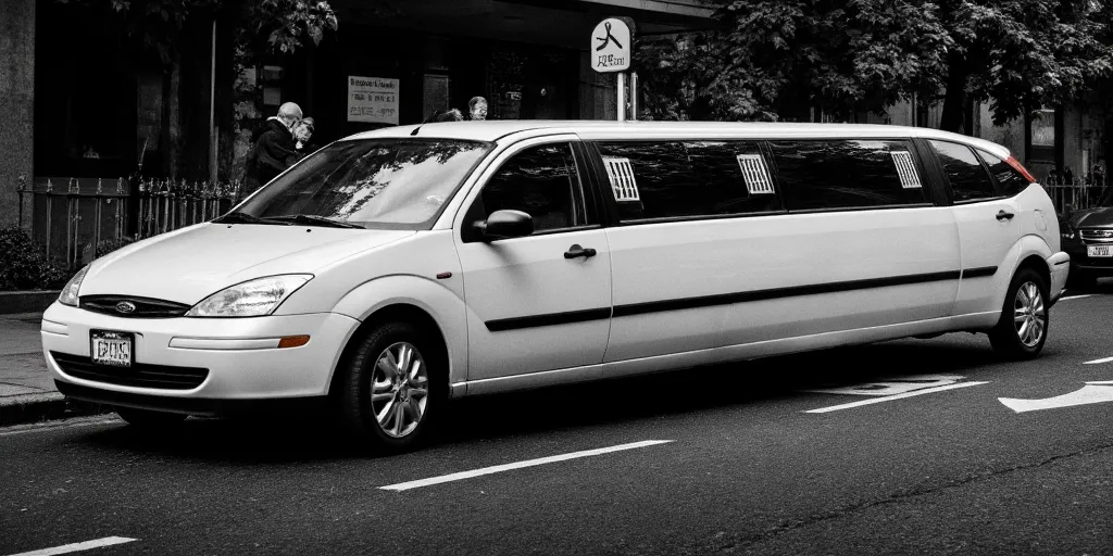 realistic, photorealistic, real-life, 2002 Ford Focus white limousine, new york city