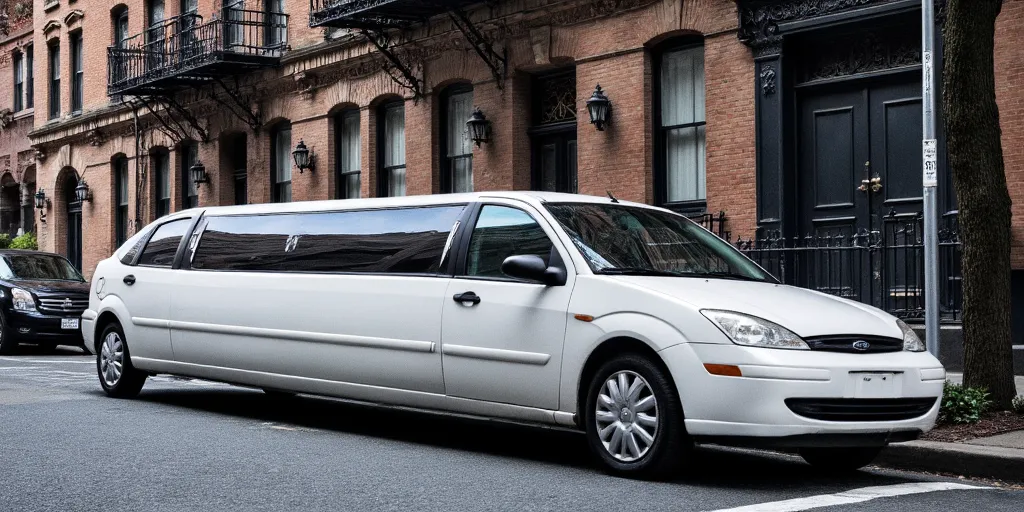 realistic, photorealistic, real-life, 2002 Ford Focus white limousine, new york city, color photo