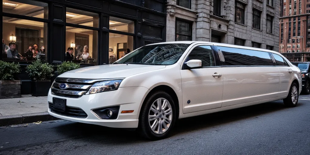 realistic, photorealistic, real-life, 2009 Ford Fusion white limousine, limo, new york city, color photo
