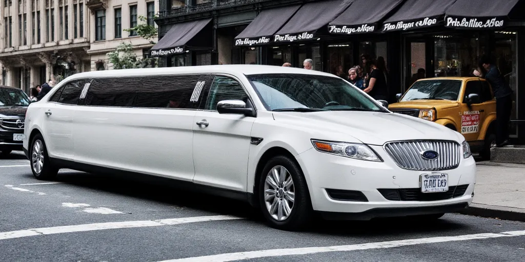 realistic, photorealistic, real-life, 2009 Ford Taurus white limousine, limo, new york city, color photo