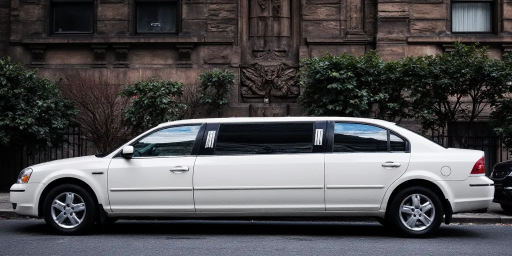 realistic, photorealistic, real-life, 2005 Ford Mondeo white limousine, limo, new york city, color photo