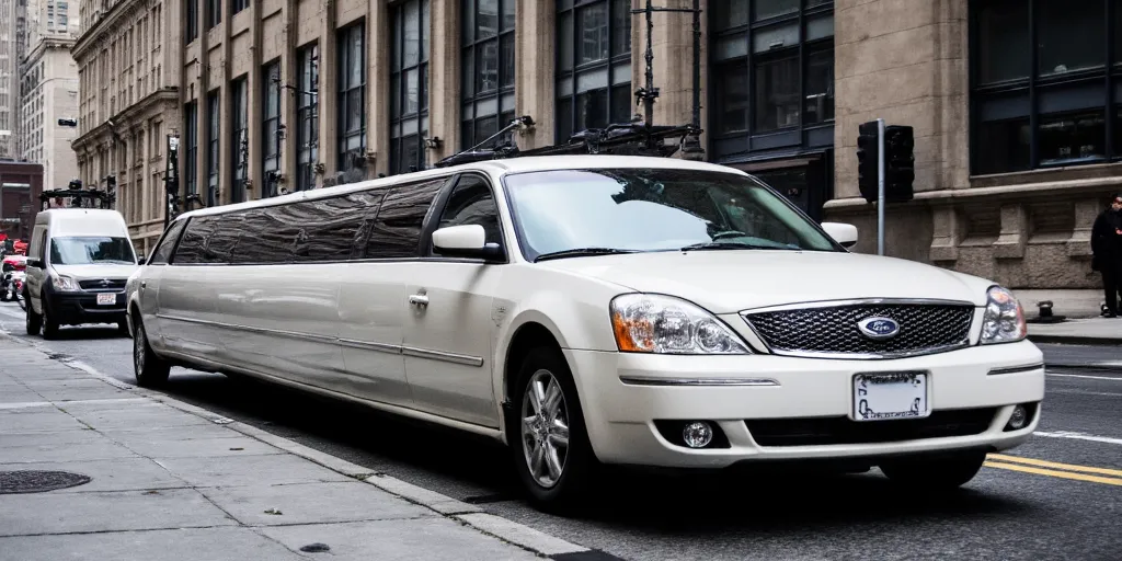 realistic, photorealistic, real-life, 2005 Ford Mondeo white limousine, limo, new york city, color photo
