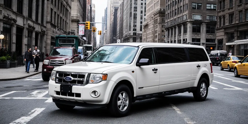 realistic, photorealistic, real-life, 2009 Ford Escape white limousine, limo, new york city, color photo