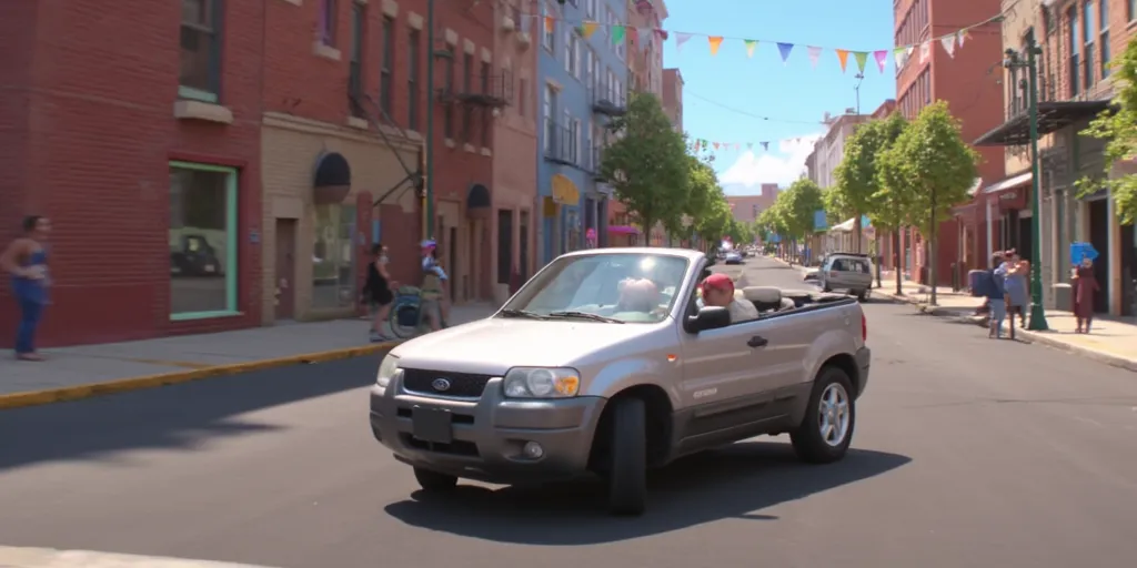 Illuminationstyle screencap of silver 2003 Ford Escape convertible in a city