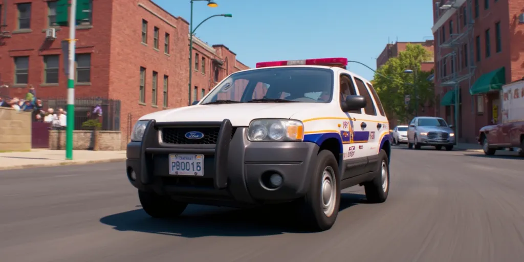 Illuminationstyle screencap of 2003 Ford Escape police car in a city