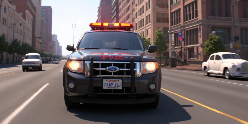 Illuminationstyle screencap of 2009 Ford Escape police car in a city
