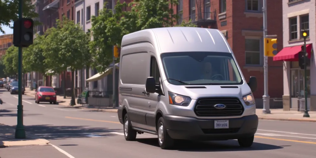 Illuminationstyle screencap of 2015 silver Ford Transit in a city