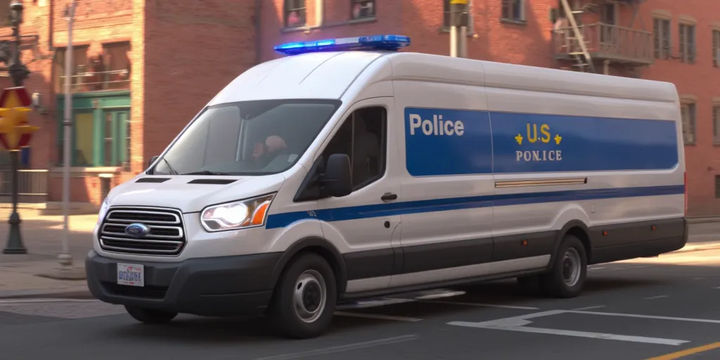 Illuminationstyle screencap of 2015 Ford Transit police van in a city