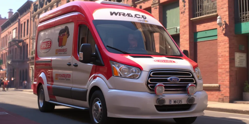 Illuminationstyle screencap of 2015 Ford Transit WRC rally van in a city