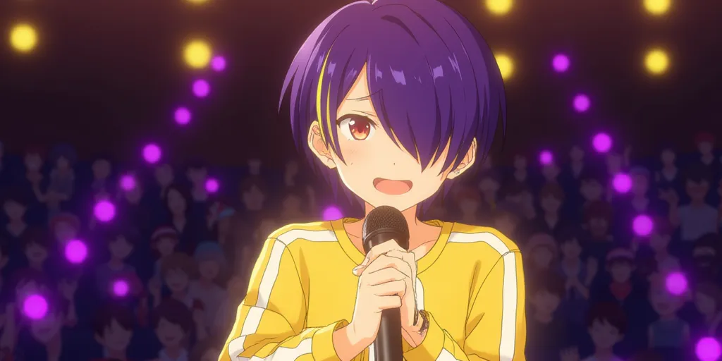 shinobu sengoku, 1boy, flat chest, short purple hair covering left eye with two yellow highlights, holding microphone tightly with both hands, facing me, eye contact, tears running down face, :D, worried eyebrows, yellow idol outfit, crying happy tears, close up, background is a dark crowd lit up by yellow and purple light sticks, idol concert,