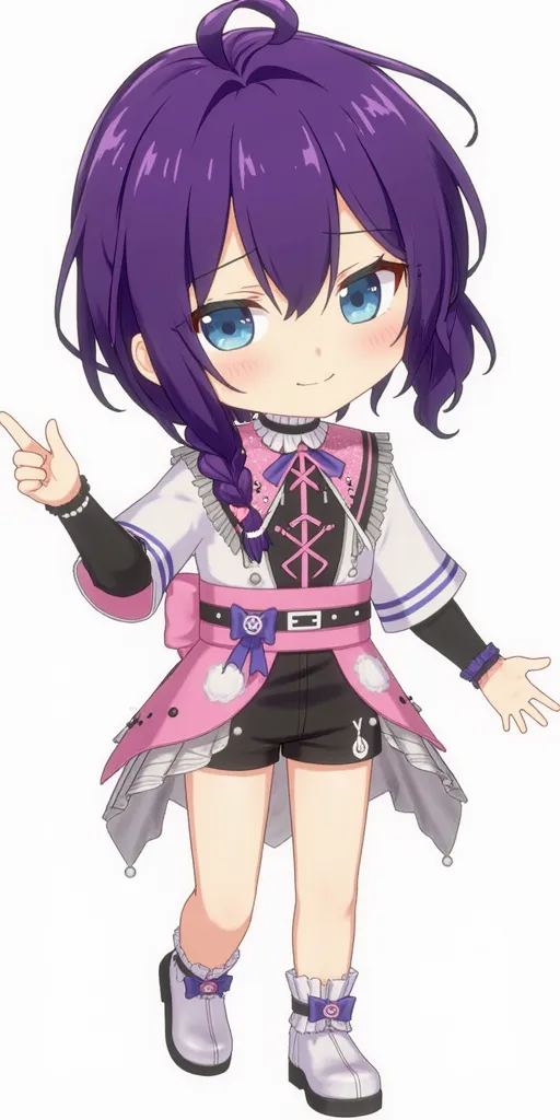 mayoikuromiscr, purple hair with anime bangs braided on right shoulder, cyan eyes, pointy teeth, 1boy, pink purple white black outfit, ((full body, chibi))