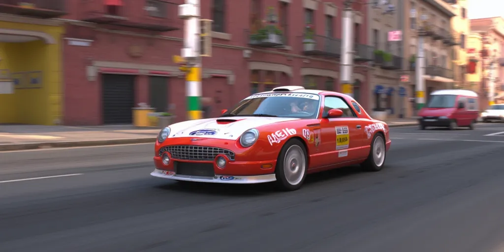 Illuminationstyle screencap of 2004 Ford Thunderbird WRC rally car in a city