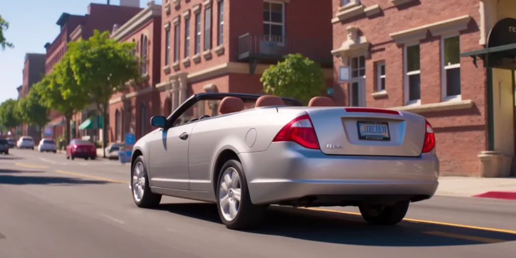 Illuminationstyle screencap of silver 2008 Ford Fusion convertible in a city