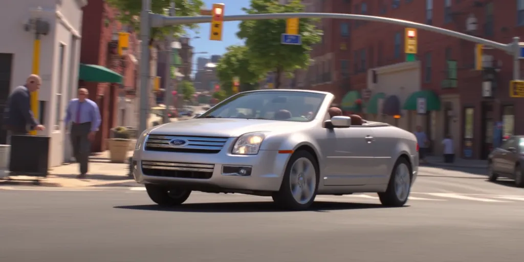 Illuminationstyle screencap of silver 2008 Ford Fusion convertible in a city