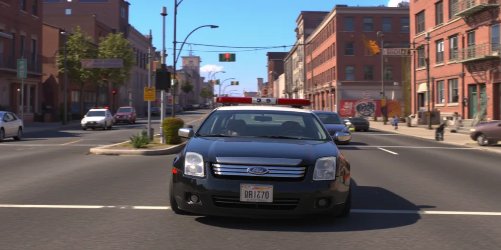 Illuminationstyle screencap of 2008 Ford Fusion police car in a city