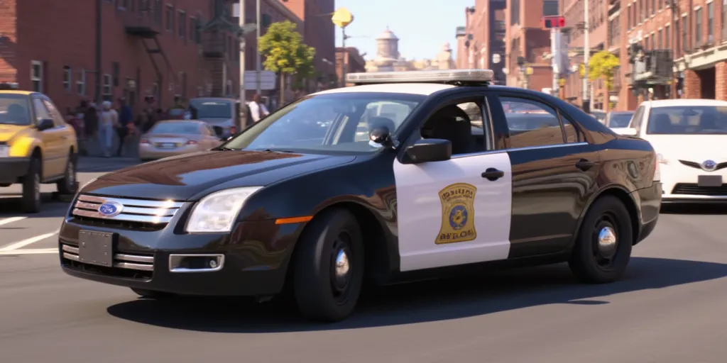 Illuminationstyle screencap of 2008 Ford Fusion police car in a city
