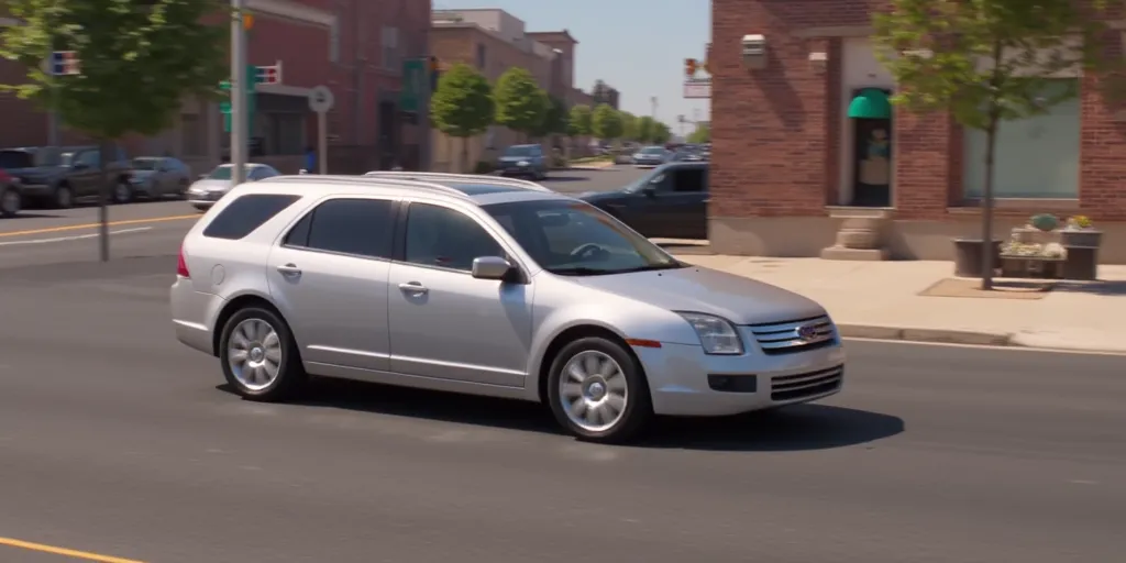 Illuminationstyle screencap of silver 2008 Ford Fusion station wagon in a city