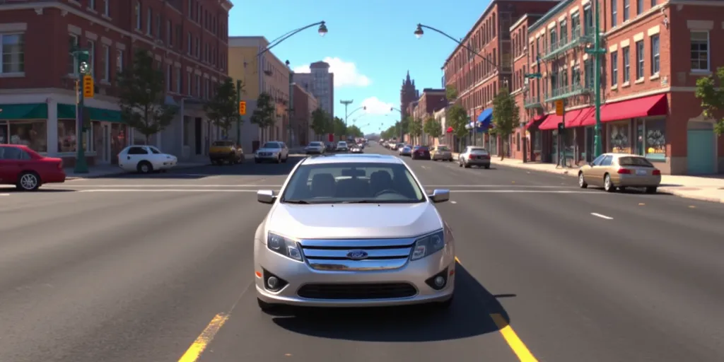 Illuminationstyle screencap of silver 2011 Ford Fusion in a city