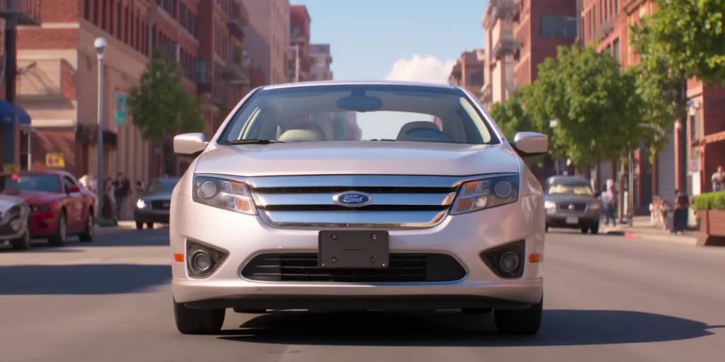Illuminationstyle screencap of silver 2011 Ford Fusion convertible in a city
