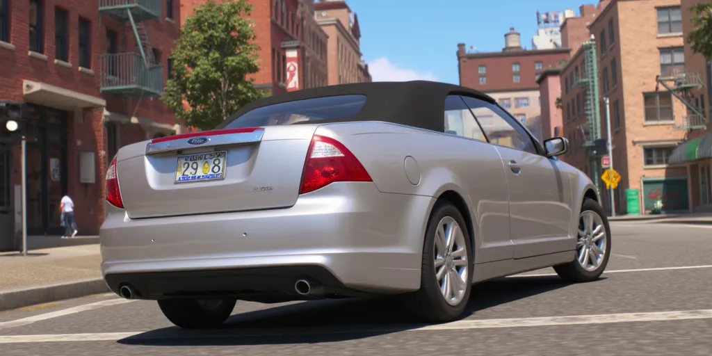 Illuminationstyle screencap of silver 2011 Ford Fusion convertible in a city
