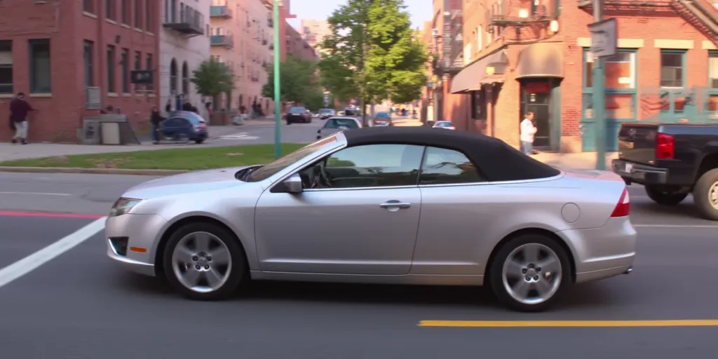 Illuminationstyle screencap of silver 2011 Ford Fusion convertible in a city