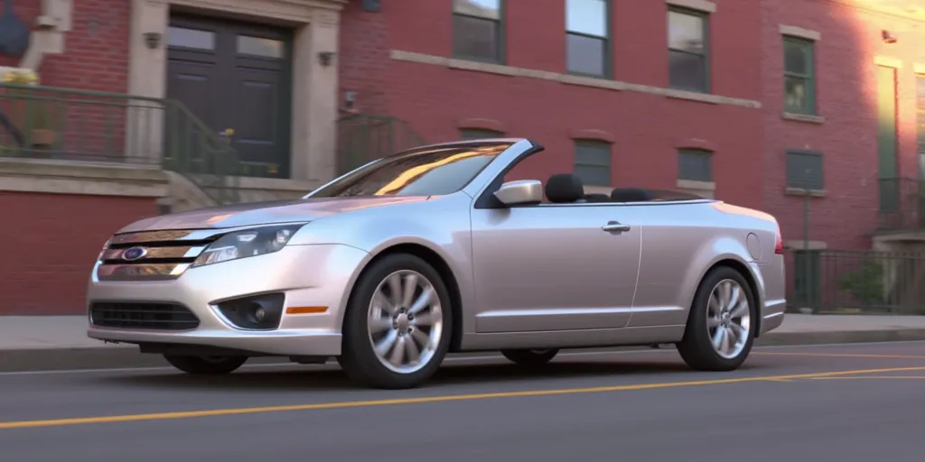 Illuminationstyle screencap of silver 2011 Ford Fusion convertible in a city