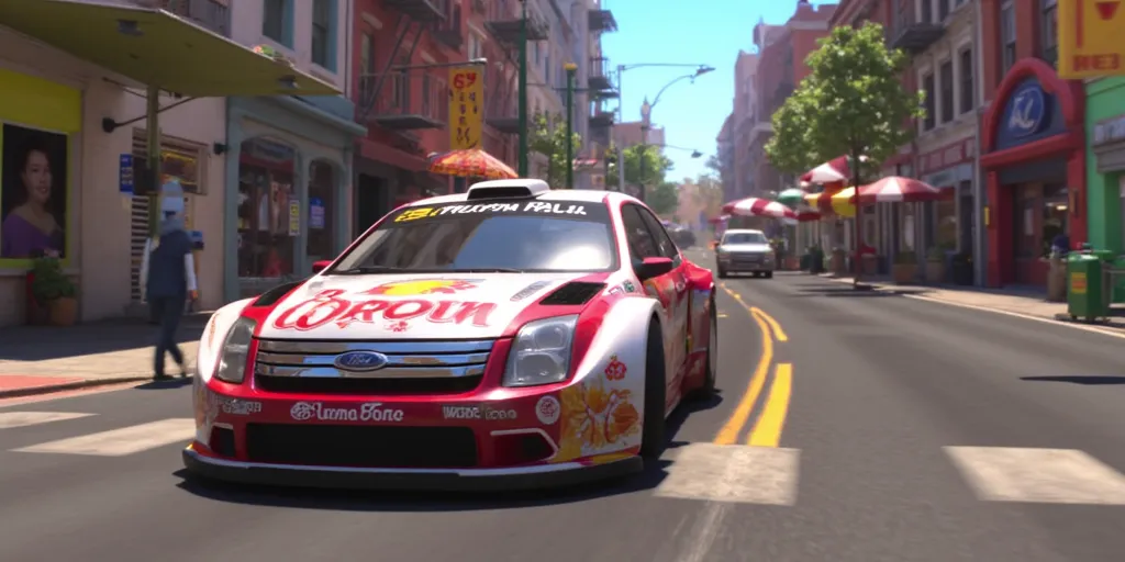 Illuminationstyle screencap of 2008 Ford Fusion WRC rally car in a city